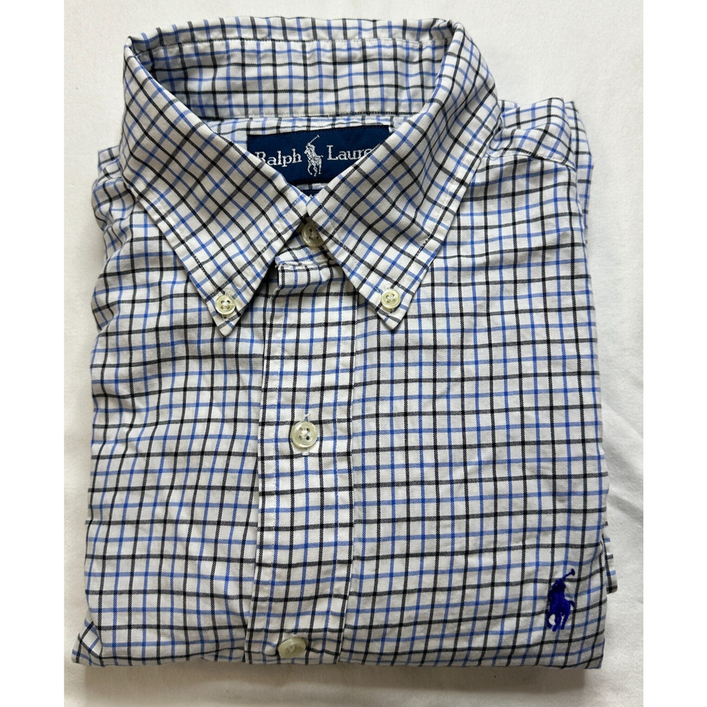 Ralph Lauren Mens Medium White Black Blue‎ Check Long Sleeve Button Down Shirt